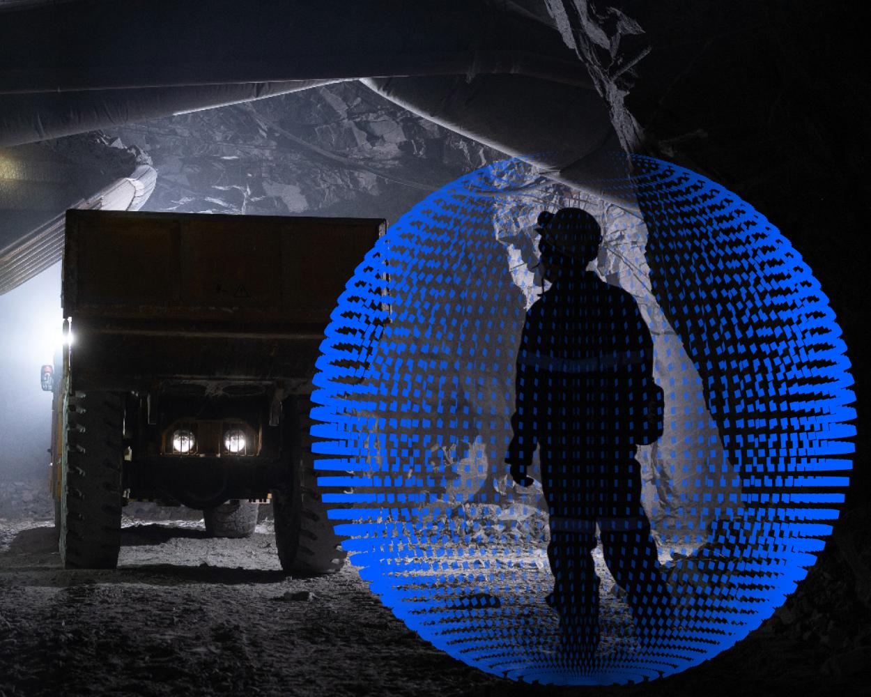 Underground mine with a truck and worker, the worker is surrounded by an abstract data graphic.